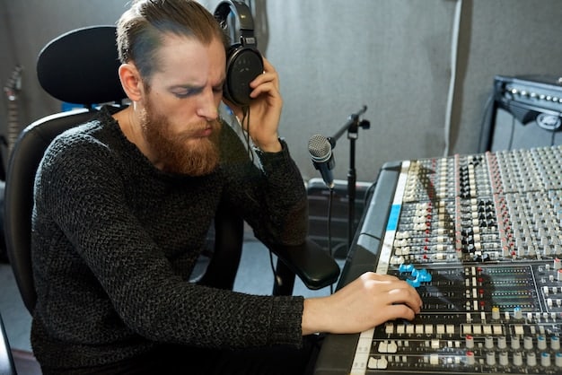 A sound engineer adjusting knobs on a mixing console in a recording studio or music venue, surrounded by other audio equipment.