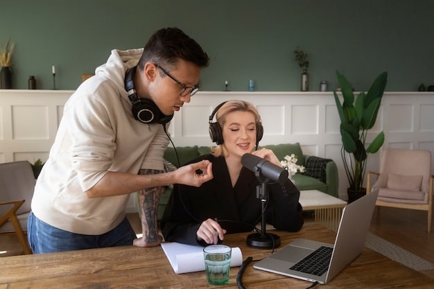 An image of two people in a home studio setting, casually discussing topics into microphones with headphones on, one person gesturing, a relaxed and intimate setting suggesting collaborative podcasting.