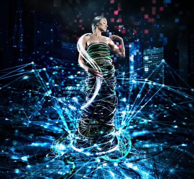 A digital art rendering of an AI oracle character on stage, surrounded by projections of data streams and algorithms, conveying the futuristic and interactive nature of the performance.