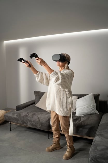 A person wearing a virtual reality headset is standing in a room, surrounded by holographic projections of news articles, data visualizations, and interactive graphics. They are reaching out to touch one of the projections, indicating an immersive and interactive experience with news content. The lighting is futuristic and the scene conveys a sense of advanced technology and personalized information access.
