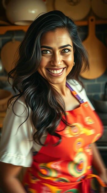 A close-up shot of Chef Anya Sharma, in her late 30s, smiling as she carefully examines a freshly foraged mushroom in an urban park, with high-rise buildings subtly blurred in the background, emphasizing her connection to nature within the city.