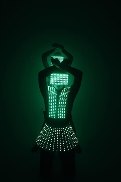 A futuristic tech-infused dress with integrated LED lighting. The dress is made from a shimmering, metallic fabric and features a network of tiny lights that can be programmed to display different colors and patterns.