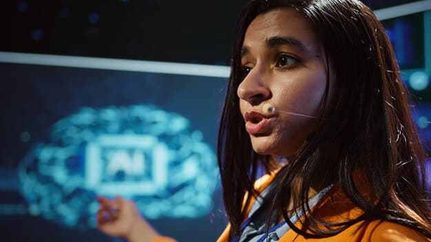 Anya Sharma, an Indian-American science fiction author, is giving a keynote speech at a tech conference on the ethics of AI. She is standing confidently on stage, using visual aids to illustrate her points and captivating the audience with her insights.