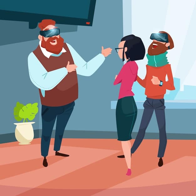 An alternative theater experience that involves VR showing a person with a VR headset on surrounded by actors. The backdrop is a simple stage, emphasizing the contrast between the real and virtual worlds.