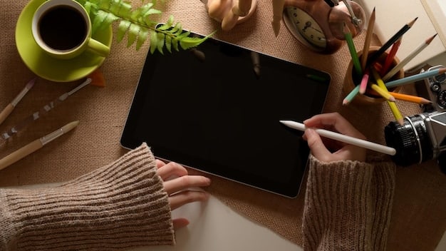 A close-up shot of an artist's hands creating digital art on a tablet using a stylus, surrounded by various art tools and a vibrant digital color palette. The focus is on the fusion of traditional art techniques with modern technology.
