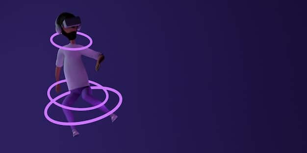 A person wearing a VR headset, standing in a dark room, surrounded by projected abstract shapes that respond to their movements.