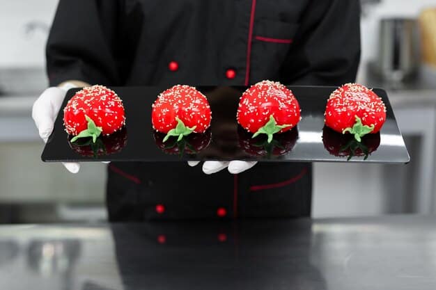 A photograph of Chef Kai using a high-tech device to create a spherical food item in a modern, minimalist kitchen. The focus is on the chef's expertise and the futuristic nature of the culinary process.
