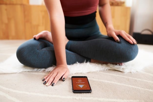 A person using a smartphone app for guided meditation, sitting comfortably on a yoga mat at home. The app displays calming visuals and soothing sounds, creating a digital sanctuary for mindfulness practice.