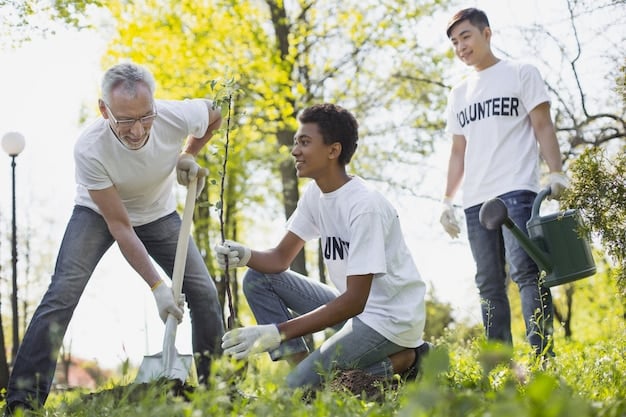 A group of volunteers planting trees in a community garden, symbolizing environmental sustainability and local empowerment. The scene captures a sense of collaboration and positive action, with diverse participants working together to create a greener and more sustainable community.