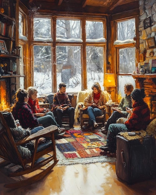 A cozy, vintage-themed coffee shop with people reading physical books and engaging in quiet conversations. The scene exudes a sense of calm and community, with no visible screens or electronic devices.