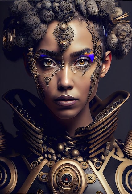 A digital painting of a Black woman wearing a futuristic headpiece and ornate African jewelry, standing against a backdrop of stars and galaxies. Her expression is confident and serene, symbolizing the connection between heritage and future possibilities.