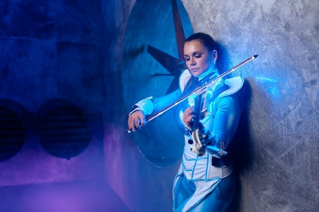 A photograph of a musician on stage, wearing futuristic clothing and playing a custom-designed instrument that combines elements of traditional African instruments and electronic synthesizers. The stage is lit with vibrant, otherworldly colors.