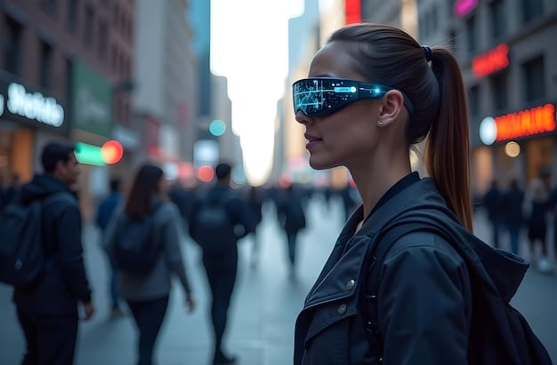 A person wearing augmented reality glasses walking through a crowded city street. The glasses display layers of digital information overlaid on the real world, including advertisements, social media feeds, and real-time data about the surrounding environment.