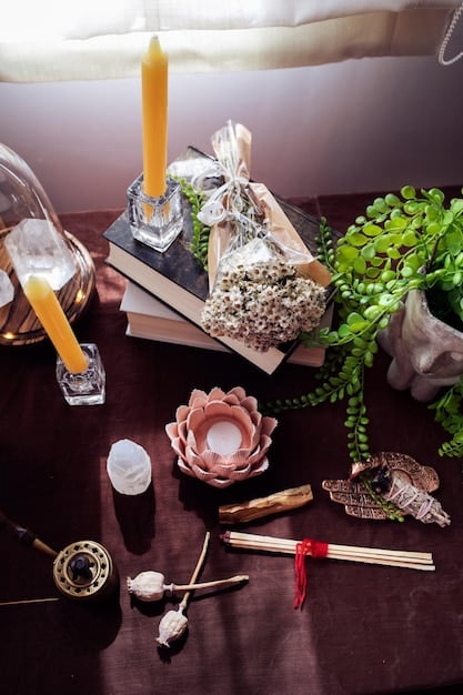 A close-up shot of a Wiccan altar decorated with crystals, candles, herbs, and tarot cards. The altar is set on a wooden table with a pentacle symbol prominently displayed. The lighting is soft and warm, creating a mystical and inviting atmosphere.