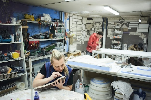 Interior of a bustling makerspace filled with people working on various projects, using tools such as 3D printers, laser cutters, and soldering irons. The space is well-lit and organized.