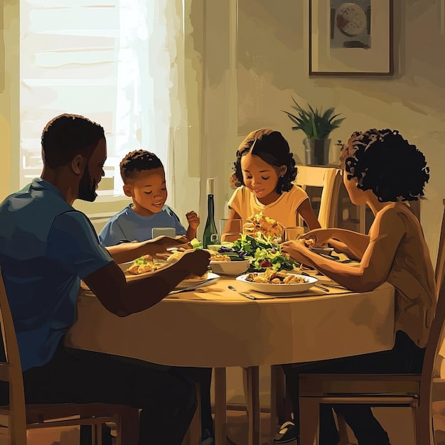 A family enjoying a meal together at a wooden table, illustrating the importance of relationships and shared experiences in slow living.