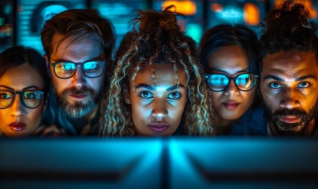 A close-up photo of a diverse team of ethical hackers collaborating around a table, analyzing lines of code on multiple laptops. The atmosphere is energetic and focused.