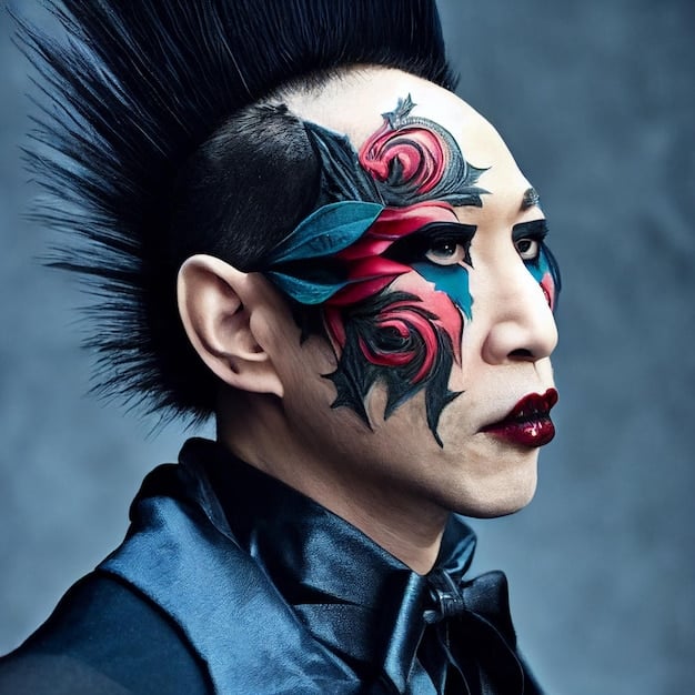 A close-up shot of a person wearing elaborate makeup and costume, deeply engrossed in character, with a determined and expressive face. The background shows a bustling convention or event, blurring out the distracting elements.
