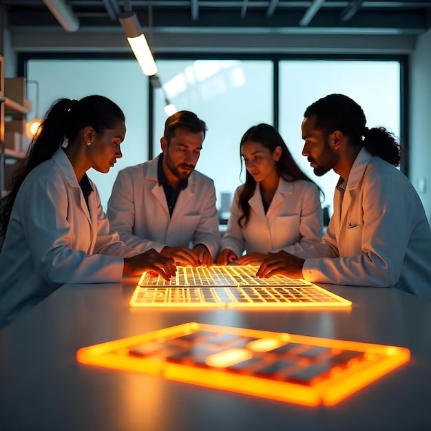 A diverse group of young Black innovators working together in a technologically advanced lab, surrounded by holographic displays and futuristic equipment. The atmosphere is collaborative and filled with energy, highlighting the intersection of technology, innovation, and African American culture.