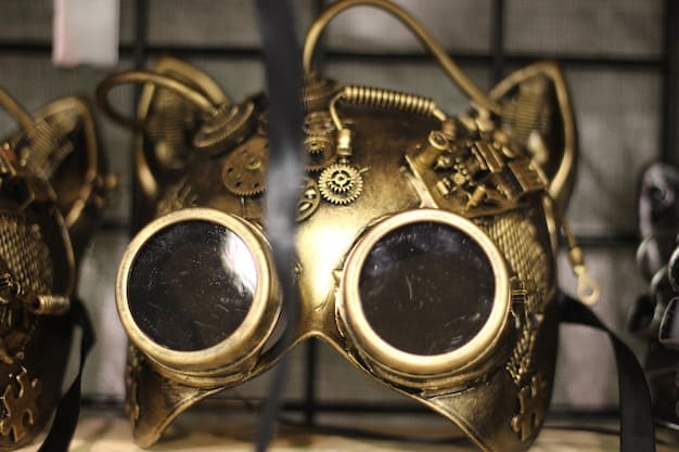 A close-up shot of intricately crafted Steampunk goggles, adorned with gears, lenses, and brass fittings. The goggles are set against a backdrop of old mechanical blueprints, emphasizing the DIY and craftsmanship aspects of the Steampunk subculture.