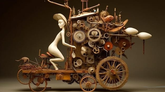 A Steampunk artist working on a clockwork sculpture, surrounded by various tools, gears, and mechanical components. The artist is focused and passionate, highlighting the DIY ethic and craftsmanship central to Steampunk art.