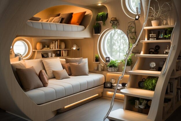 Interior of a modern tiny house, showcasing efficient space utilization with multi-functional furniture, natural light, and minimalist decor, exemplifying sustainable living.