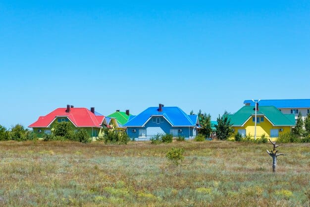 A tiny house community with several small homes arranged thoughtfully, showcasing community living, shared resources, and sustainable landscapes, under a clear blue sky.