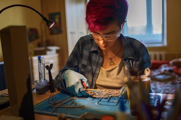 A close-up shot of a young woman soldering wires on a circuit board. She is wearing safety glasses and focused intently on her work. The background features various electronic components and tools.