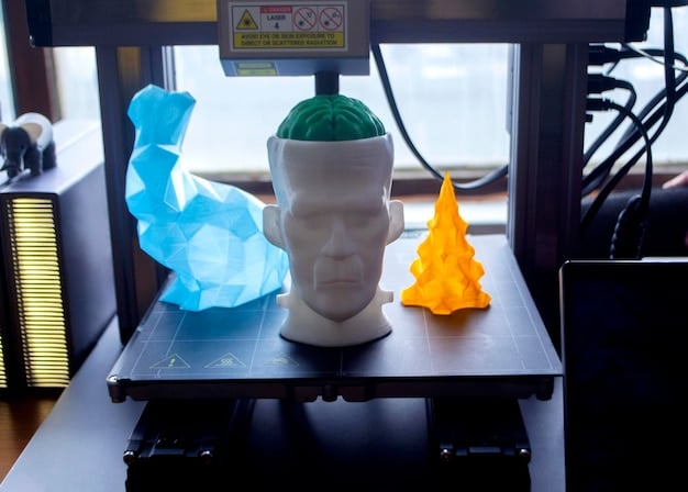 A 3D printer creating a complex object. The printer is well-lit, and the object being printed is clearly visible. The background is slightly blurred, focusing attention on the printing process.