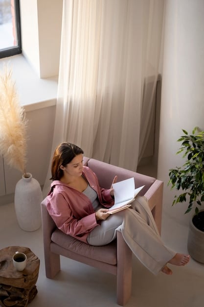 A cozy home interior featuring natural light, minimalist décor, and a person reading a book in a comfortable armchair, representing relaxation and simplicity.