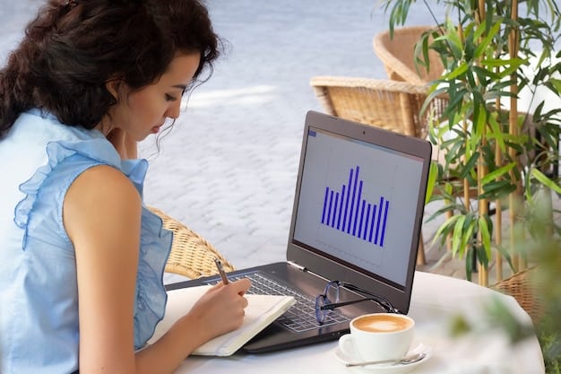 A person using a laptop to research music royalty rates. The screen shows charts and graphs of streaming payouts from different platforms. The setting is a well-lit home office with musical instruments in the background.
