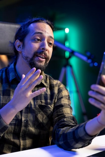 A musician interacting with fans through a live Q&A session on Spotify. The scene is interactive and engaging, with fans asking questions and the musician responding enthusiastically.