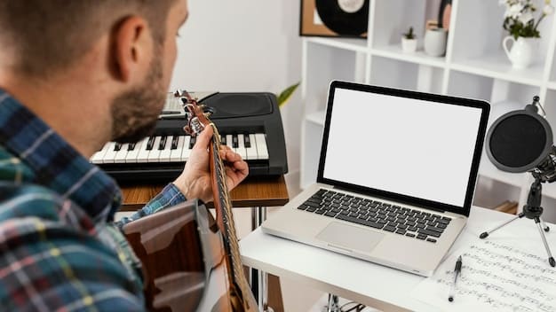 A musician is sitting at his desk, looking intently at his laptop screen. The screen displays a detailed dashboard of a music streaming platform, showcasing metrics, analytics, and playlist statistics. The scene is brightly lit, with modern studio equipment in the background. The musician is analyzing data and strategizing his playlist promotion tactics.