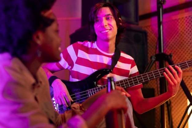 A live shot of a band performing on a small stage at a local radio station. The band members are energetic and engaging with the audience, while the radio station staff are seen operating equipment in the background. The scene captures the collaborative spirit between musicians and radio professionals.