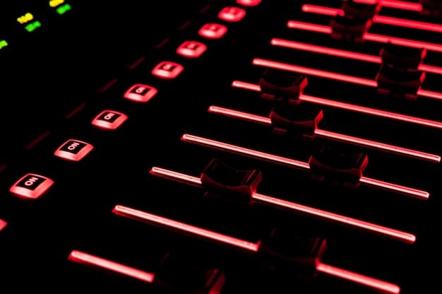 A close-up shot of a professional audio mixing console with illuminated buttons and faders, showcasing the intricate details of music production equipment.