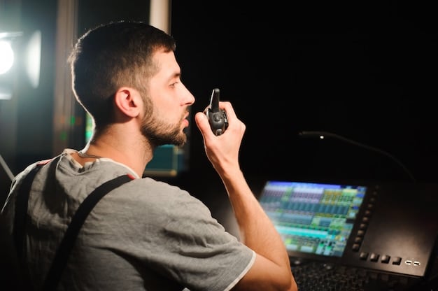 A close-up shot of an emerging artist adjusting the settings on a professional-grade microphone during soundcheck before a virtual concert, emphasizing the importance of audio quality.