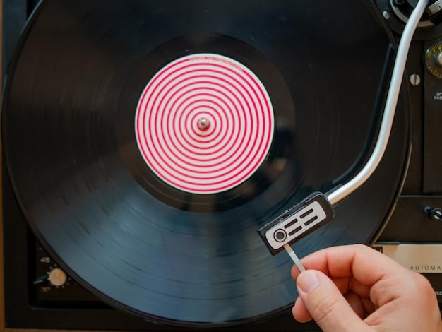 A close-up shot of a vinyl record spinning on a turntable, with a faint watermark symbol overlayed to represent copyright protection.