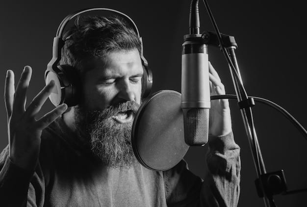 A musician in a recording studio, wearing headphones and singing into a microphone. The image emphasizes the importance of high-quality audio production in conveying the musician's artistry.