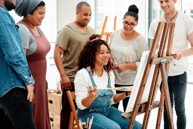 A diverse group of artists gathered at a workshop, excitedly discussing their project ideas and collaborating on a large whiteboard filled with sketches and notes. The atmosphere is energetic and supportive.