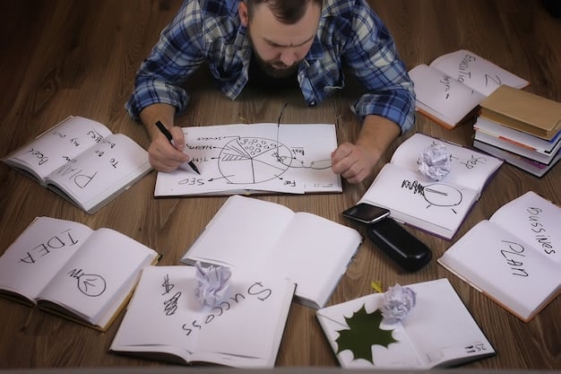 An artist sitting at a desk, carefully reviewing a grant proposal on their laptop. They are surrounded by notes, sketches, and reference materials, indicating their thorough preparation.