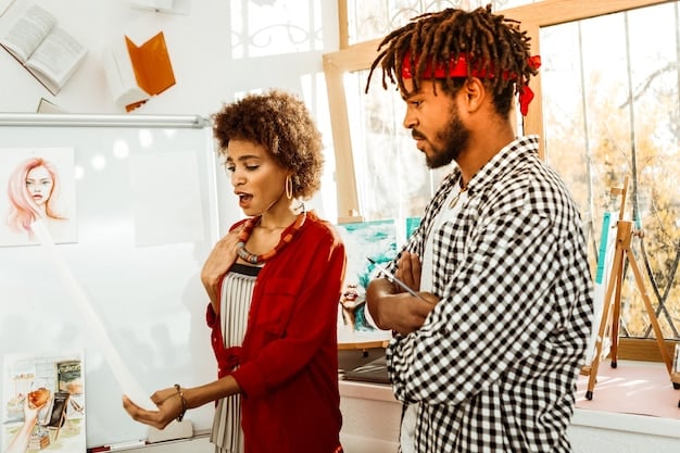 An artist confidently pitching their work to a gallery owner at an art fair. The artist is holding a tablet displaying their digital portfolio while the gallery owner listens attentively.