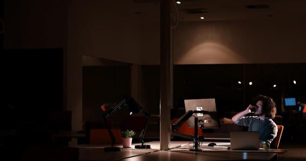 A musician sitting in front of a microphone in a home studio, recording a song. The room is dimly lit with creative lighting, creating a warm and inviting atmosphere.