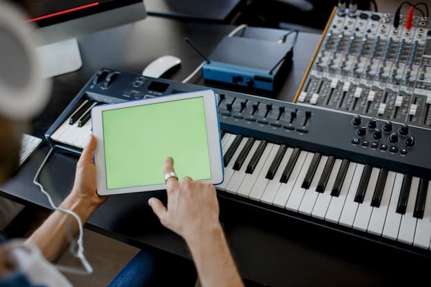 A comparison table highlighting the key features, pricing models, and royalty structures of DistroKid, TuneCore, and CD Baby, displayed on a tablet held by a musician in a home studio setting.
