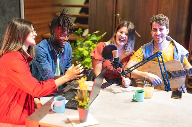 A group of friends are laughing and collaborating on a DIY music video set in a cozy, cluttered apartment. One person is adjusting homemade lighting, while another is setting up a camera on a tripod. The scene is filled with creativity and camaraderie.
