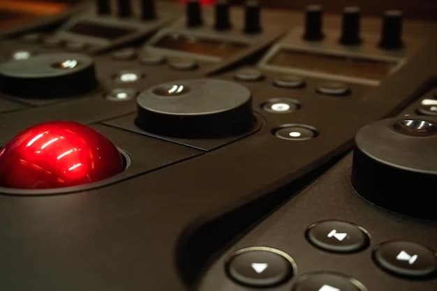 A close-up shot of a mixing console in a radio studio, with various knobs, buttons, and faders illuminated. The console is surrounded by audio equipment, creating a professional and high-tech atmosphere. A microphone stands ready in the foreground.