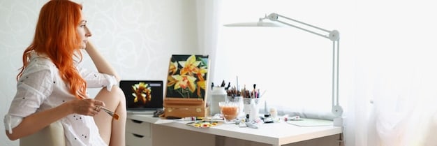 A brightly lit studio where a designer is seen working on a computer, adjusting a 3D model of a futuristic bodice. A 3D printer is visible in the background, actively creating a piece of the garment with translucent material.