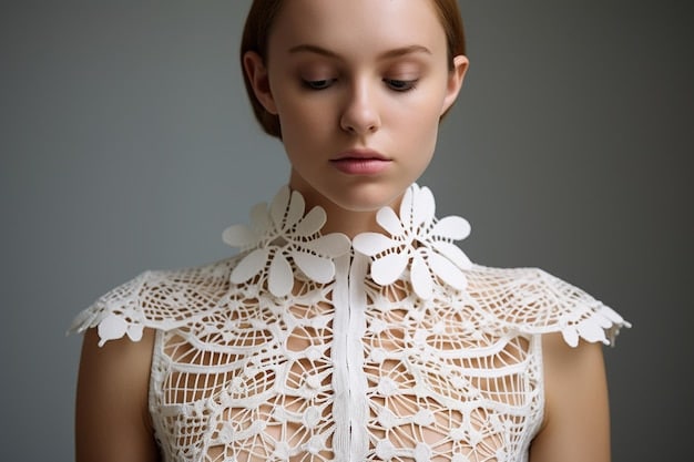 A close-up photograph of a model wearing a DIY outfit, showcasing the intricate details of the garment and the model's unique makeup. The image is shot in a raw, unfiltered style, emphasizing the authenticity of the underground fashion movement.