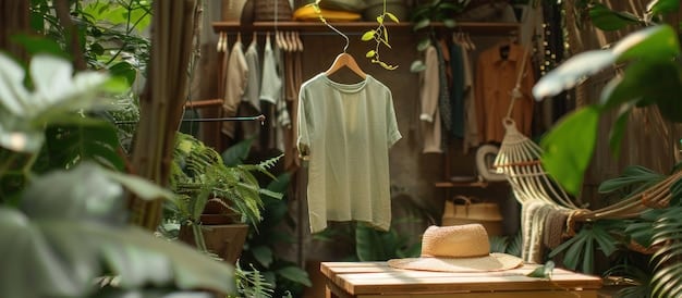 A brightly lit boutique showcasing clothing made from recycled materials. The clothes are displayed on mannequins made from reclaimed wood, and the overall atmosphere is eco-friendly and stylish.