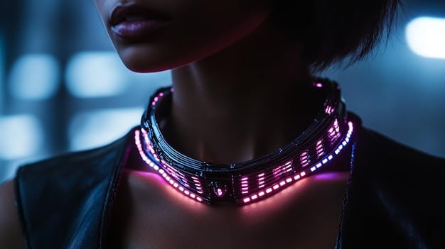 A person wearing a futuristic choker necklace with embedded LED lights that react to sound, creating a dynamic visual display in a dark, club-like setting.
