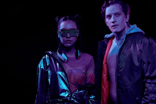 A group of individuals dressed in a mix of cyberpunk and techwear styles is pictured in an urban setting. The outfits feature dark colors, reflective materials, tactical vests, and futuristic accessories like LED masks and glowing eyewear. The scene captures the edgy and technology-focused aesthetic of these subcultures.